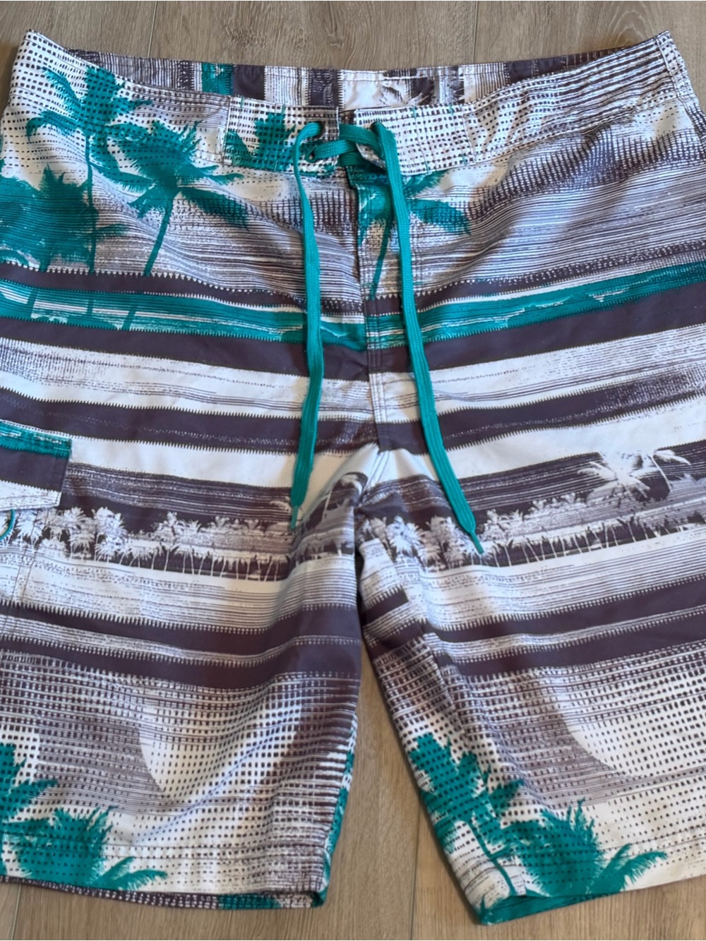 Men's Teal and Brown Palm-Print Swim Board Shorts